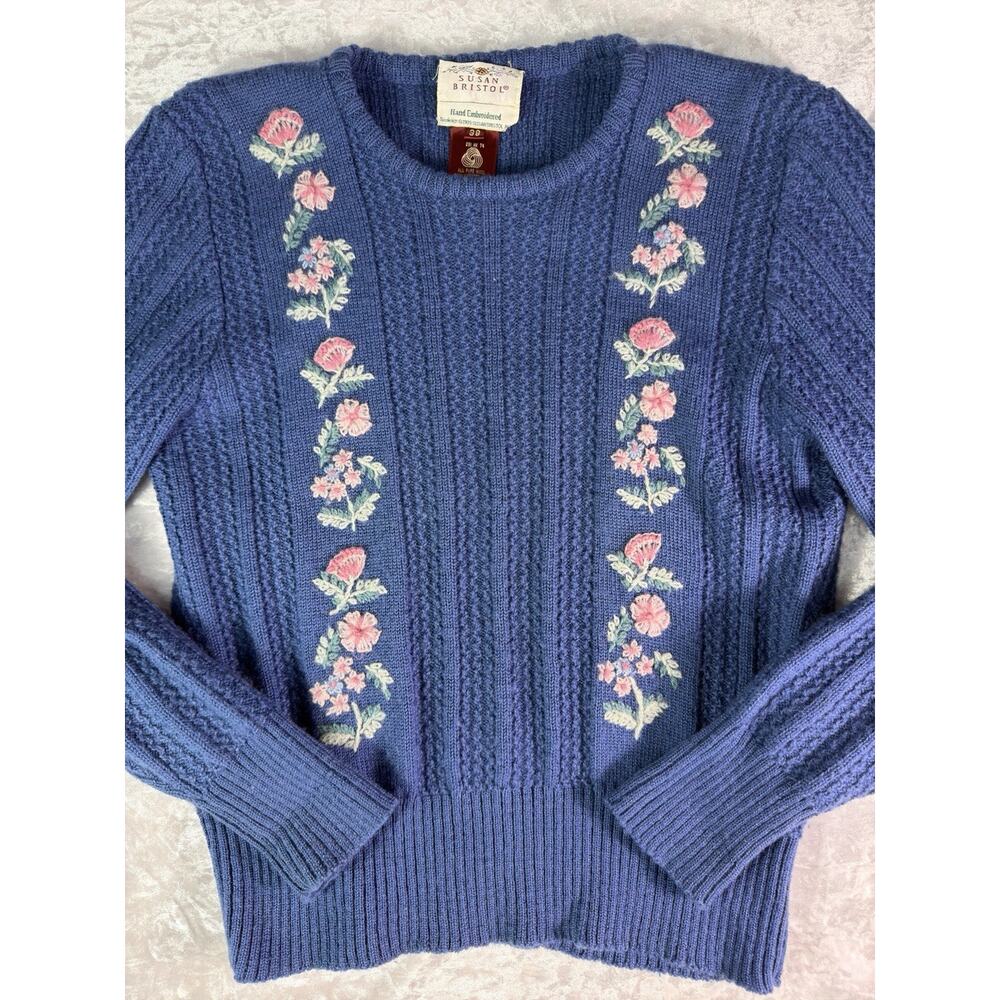 Vintage Susan Bristol Wool Sweater Floral Embroidered Cottagecore Grandmacore M